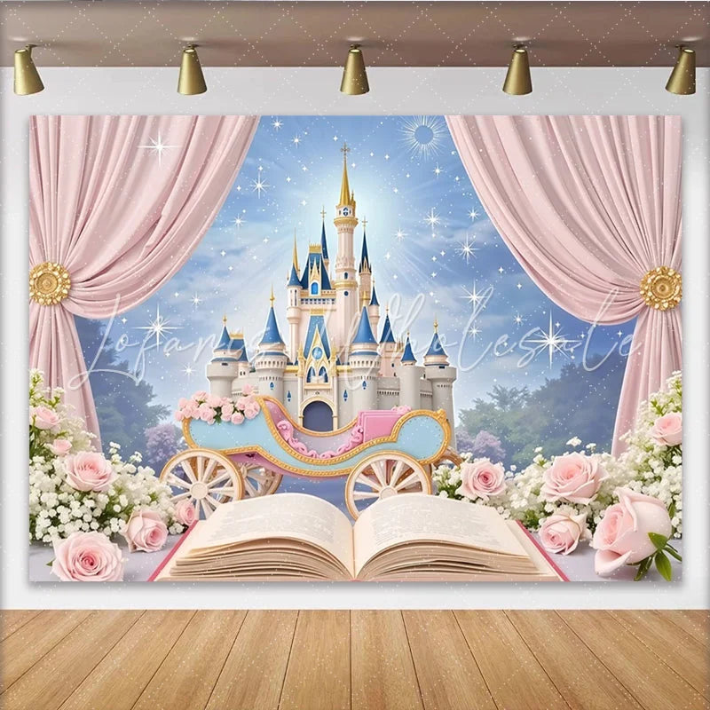 Lofaris Pink Fairytale Castle Photography Backdrop with Royal Carriage Starry Sky Studio Background for Girls Party Photoshoot.
