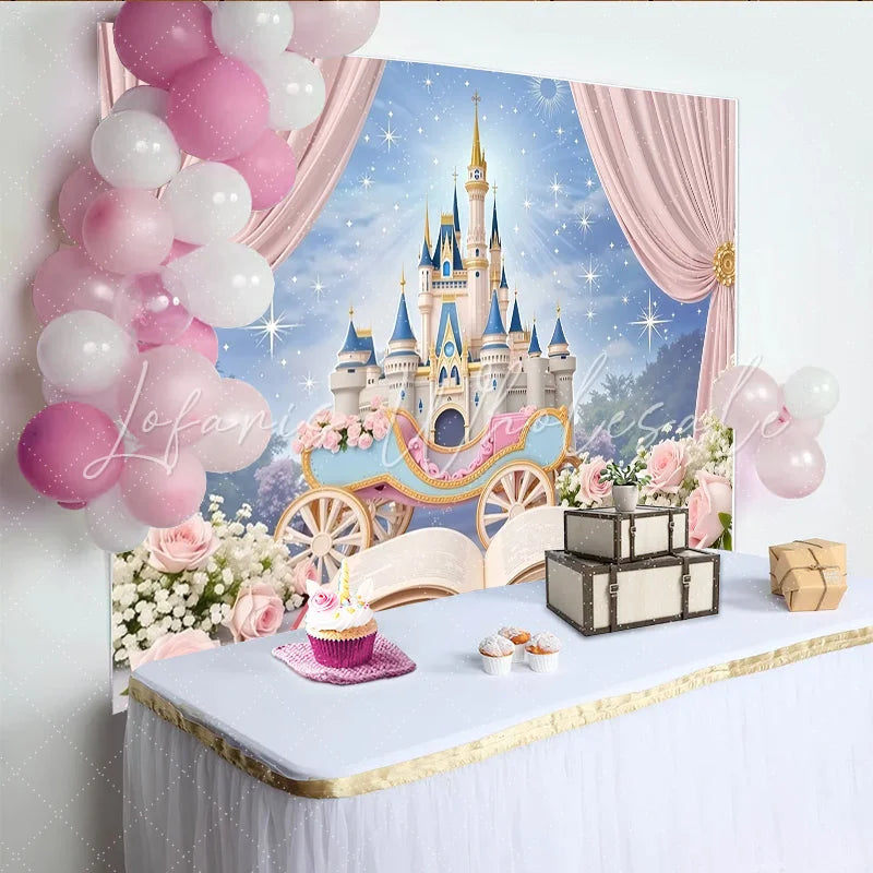 Lofaris Pink Fairytale Castle Photography Backdrop with Royal Carriage Starry Sky Studio Background for Girls Party Photoshoot.