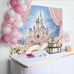 Lofaris Pink Fairytale Castle Photography Backdrop with Royal Carriage Starry Sky Studio Background for Girls Party Photoshoot.