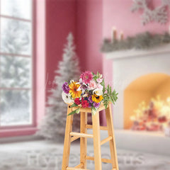 Lofaris Pink Fireplace Window Snow Forest Christmas Backdrop