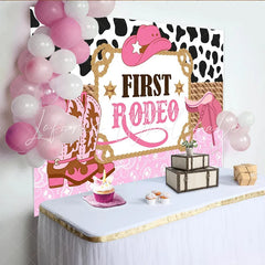 Lofaris Pink First Rodeo Birthday Backdrop with Cow Print and Cowboy Hat Western Party Photography Background for Girls