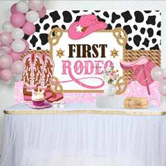 Lofaris Pink First Rodeo Birthday Backdrop with Cow Print and Cowboy Hat Western Party Photography Background for Girls