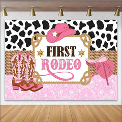 Lofaris Pink First Rodeo Birthday Backdrop with Cow Print and Cowboy Hat Western Party Photography Background for Girls