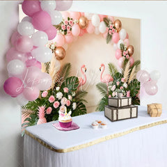 Lofaris Pink Flamingo Birthday Backdrop with Tropical Leaves and Balloons Elegant Floral Party Background for Summer Celebration Photoshoot