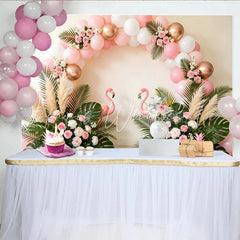 Lofaris Pink Flamingo Birthday Backdrop with Tropical Leaves and Balloons Elegant Floral Party Background for Summer Celebration Photoshoot