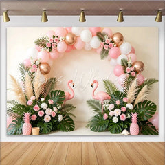 Lofaris Pink Flamingo Birthday Backdrop with Tropical Leaves and Balloons Elegant Floral Party Background for Summer Celebration Photoshoot