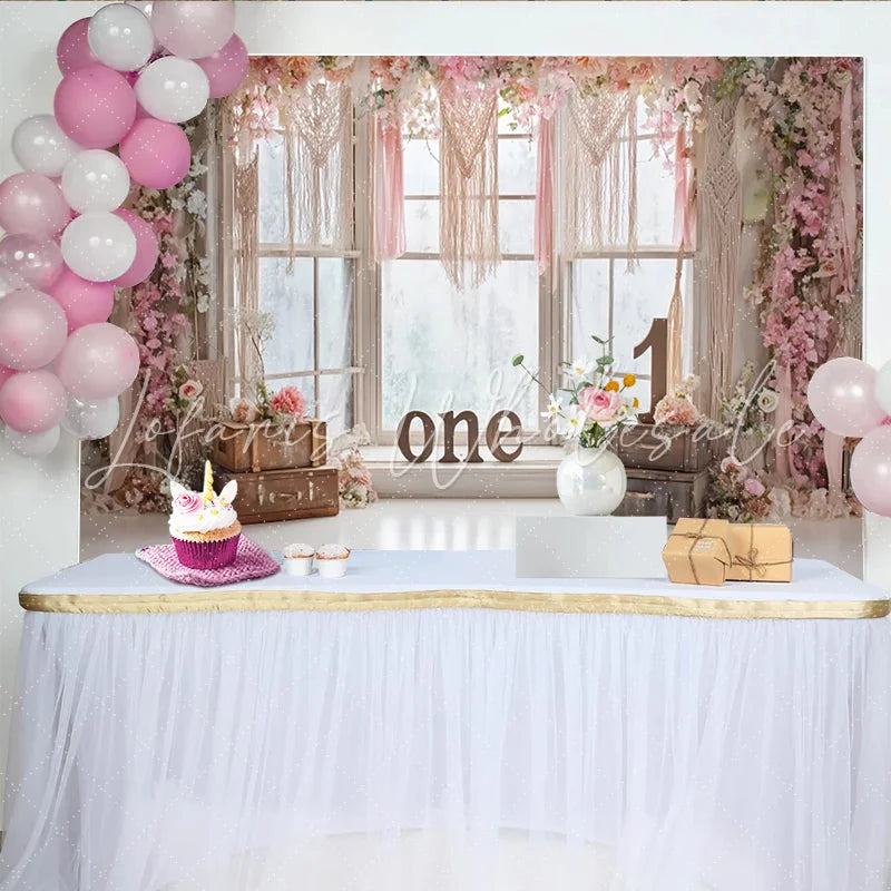 Lofaris Pink Floral 1st Birthday Backdrop with Macrame and Window Rustic Boho Photography Background for Baby Girl Photoshoot and Party