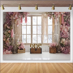 Lofaris Pink Floral 1st Birthday Backdrop with Rustic Window and Macrame Elegant Photo Booth Background for Baby Girl Party Decor