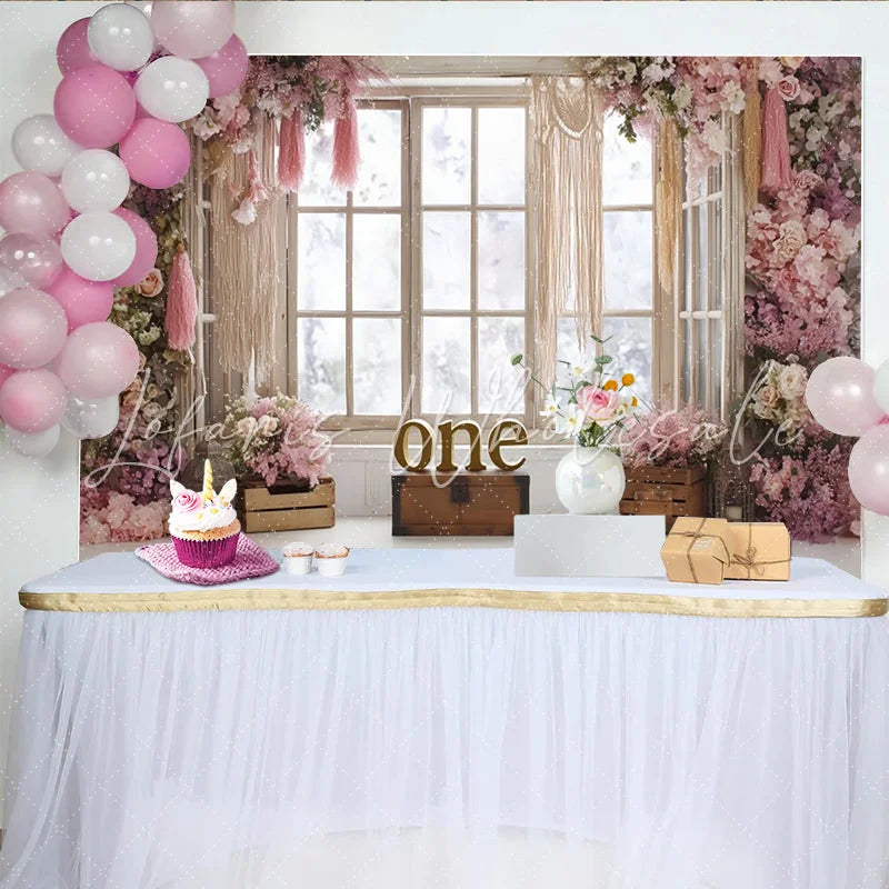 Lofaris Pink Floral 1st Birthday Backdrop with Rustic Window and Macrame Elegant Photo Booth Background for Baby Girl Party Decor