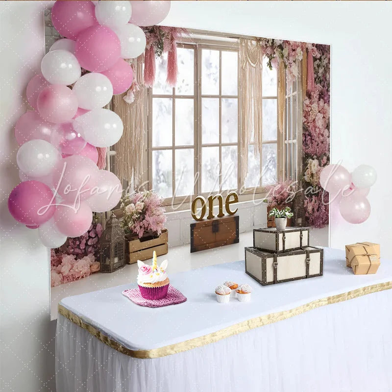 Lofaris Pink Floral 1st Birthday Backdrop with Rustic Window and Macrame Elegant Photo Booth Background for Baby Girl Party Decor