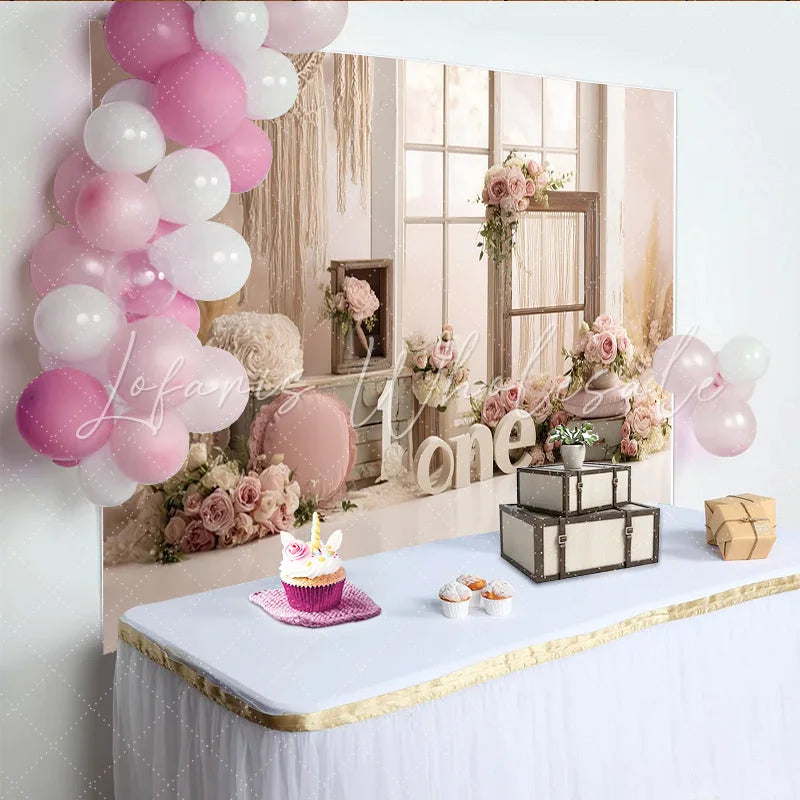 Lofaris Pink Floral 1st Birthday Backdrop with Rustic Window and Macrame Elegant Rose Gold Party Background for Baby Girl Photoshoot