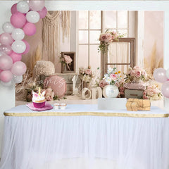 Lofaris Pink Floral 1st Birthday Backdrop with Rustic Window and Macrame Elegant Rose Gold Party Background for Baby Girl Photoshoot