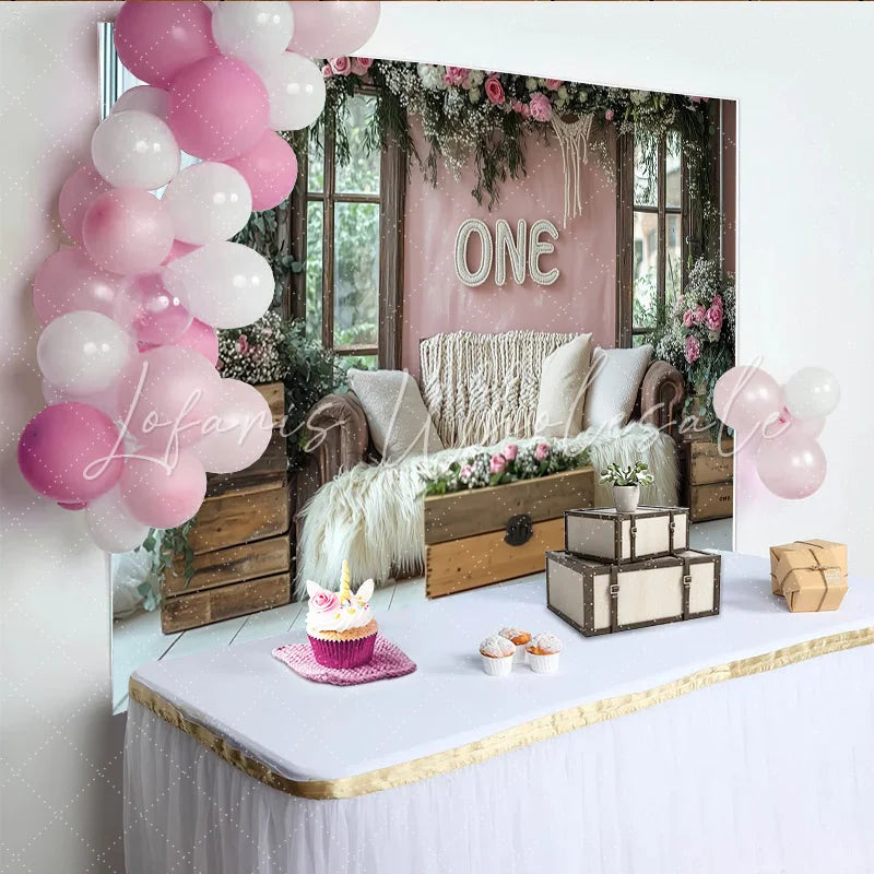 Lofaris Pink Floral 1st Birthday Backdrop with Rustic Wood and Macrame Elegant Photography Background for Baby Girl Cake Smash Party