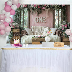 Lofaris Pink Floral 1st Birthday Backdrop with Rustic Wood and Macrame Elegant Photography Background for Baby Girl Cake Smash Party