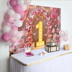 Lofaris Pink Floral Arch and Butterfly 1st Birthday Party Backdrop Baby Girl Celebration Dessert Table Decor