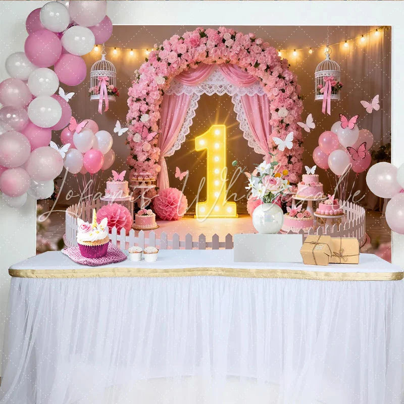 Lofaris Pink Floral Arch and Butterfly First Birthday Party Backdrop Baby Girl 1st Birthday Celebration Decor