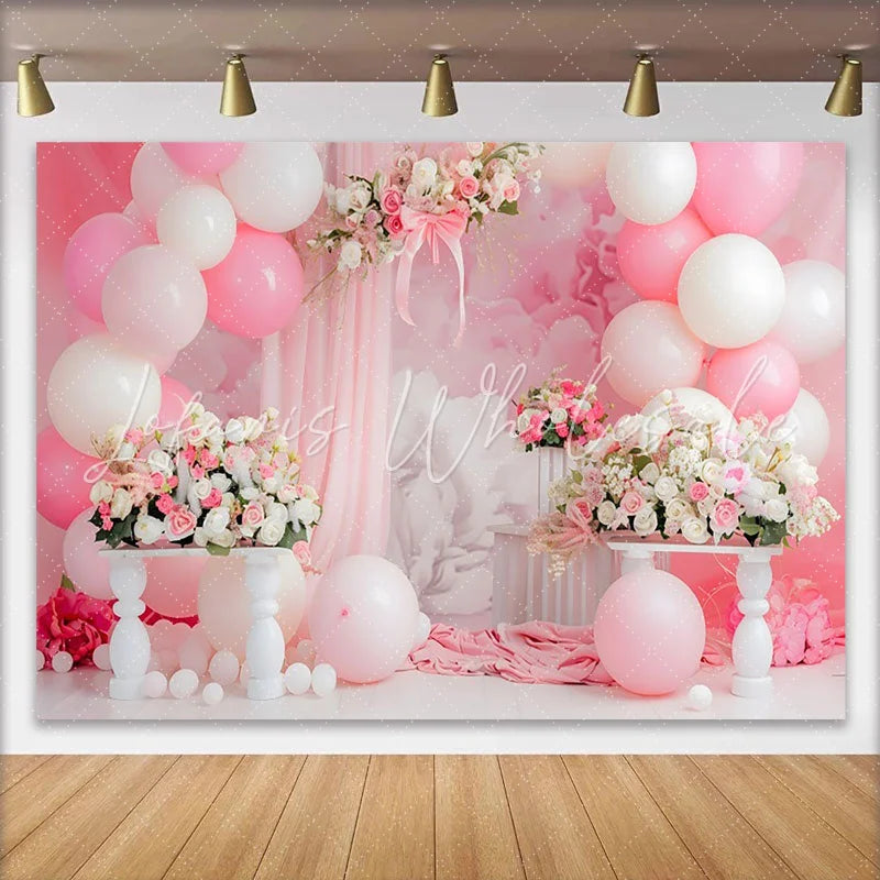 Lofaris Pink Floral Arch Cake Smash Backdrop White Balloons and Drapes Background Girls Birthday Party Decor