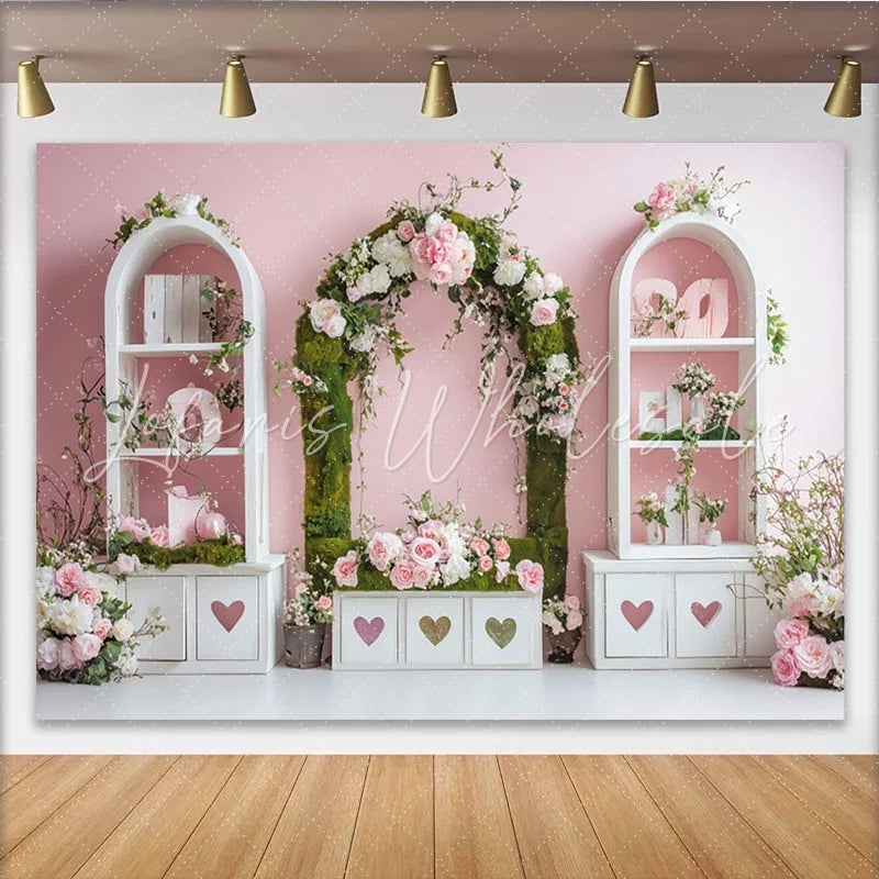 Lofaris Pink Floral Arch Photography Backdrop with Green Moss and White Roses Elegant Studio Background for Wedding Engagement