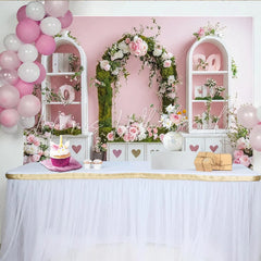 Lofaris Pink Floral Arch Photography Backdrop with Green Moss and White Roses Elegant Studio Background for Wedding Engagement