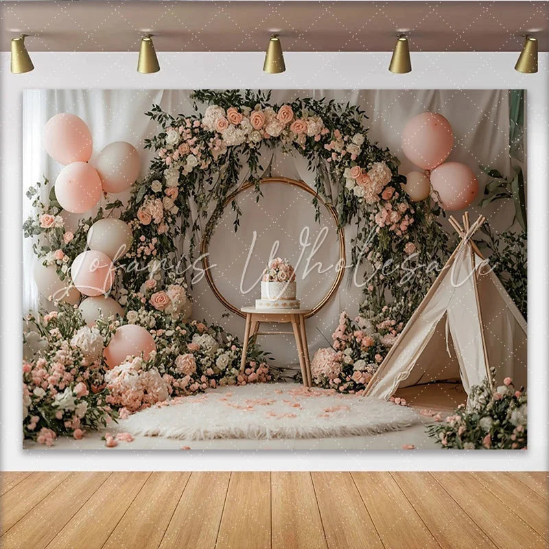 Lofaris Pink Floral Baby Shower Backdrop with Golden Arch and Balloons Charming Photography Background for Baby Girl Party Decor