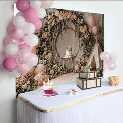 Lofaris Pink Floral Baby Shower Backdrop with Golden Arch and Balloons Charming Photography Background for Baby Girl Party Decor