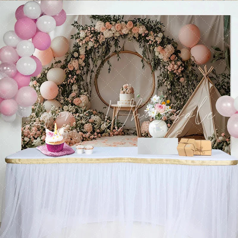 Lofaris Pink Floral Baby Shower Backdrop with Golden Arch and Balloons Charming Photography Background for Baby Girl Party Decor
