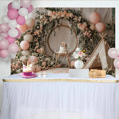 Lofaris Pink Floral Baby Shower Backdrop with Golden Arch and Balloons Charming Photography Background for Baby Girl Party Decor