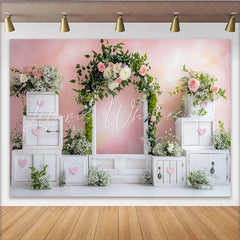 Lofaris Pink Floral Baby Shower Backdrop with White Arch and Hearts Elegant Photography Background for Girl Party Decoration