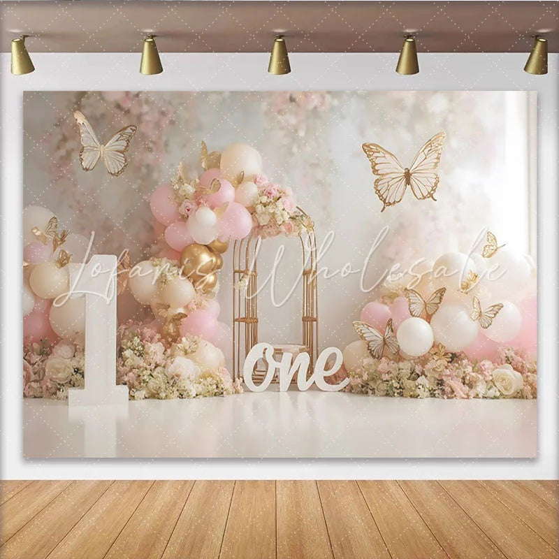 Lofaris Pink Floral Balloon First Birthday Cake Smash Backdrop Gold Butterfly Wooden ONE Girl Party Background