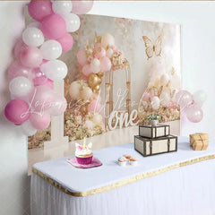 Lofaris Pink Floral Balloon First Birthday Cake Smash Backdrop Gold Butterfly Wooden ONE Girl Party Background