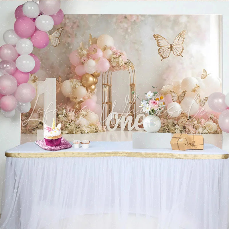 Lofaris Pink Floral Balloon First Birthday Cake Smash Backdrop Gold Butterfly Wooden ONE Girl Party Background