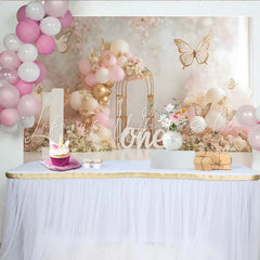 Lofaris Pink Floral Balloon First Birthday Cake Smash Backdrop Gold Butterfly Wooden ONE Girl Party Background