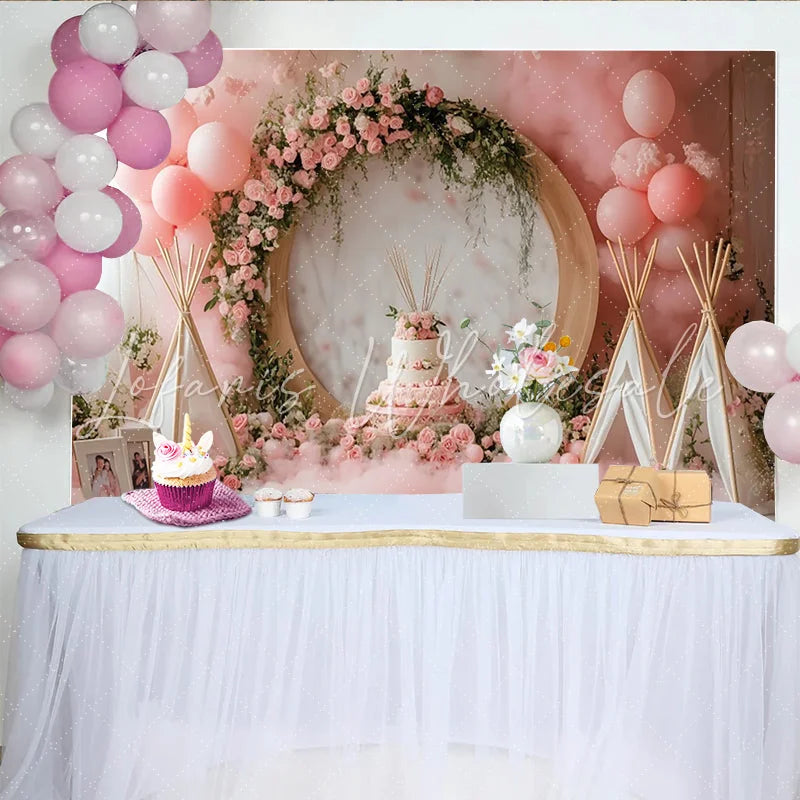 Lofaris Pink Floral Birthday Backdrop with Balloons and Teepees Elegant Party Decor for Cake Smash Photoshoot