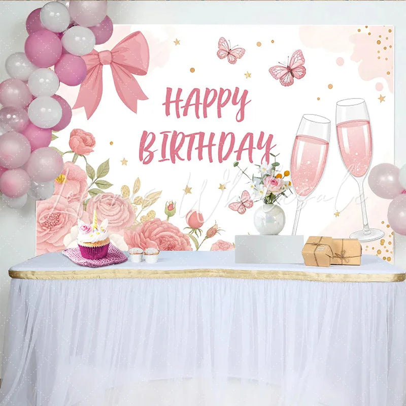 Lofaris Pink Floral Birthday Backdrop with Elegant Bow and Butterflies Champagne Celebration Background for Party Decor