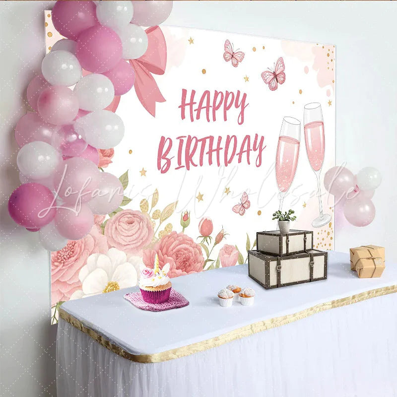 Lofaris Pink Floral Birthday Backdrop with Elegant Bow and Butterflies Champagne Celebration Background for Party Decor