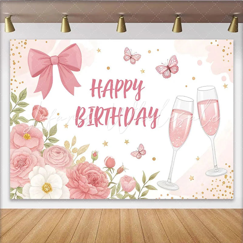 Lofaris Pink Floral Birthday Backdrop with Elegant Bow and Butterflies Champagne Celebration Background for Party Decor