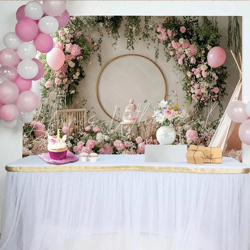 Lofaris Pink Floral Birthday Backdrop with Golden Arch and Balloons Elegant Photo Background for Cake Smash Party Decor