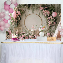 Lofaris Pink Floral Birthday Backdrop with Golden Arch and Balloons Elegant Photo Background for Cake Smash Party Decor