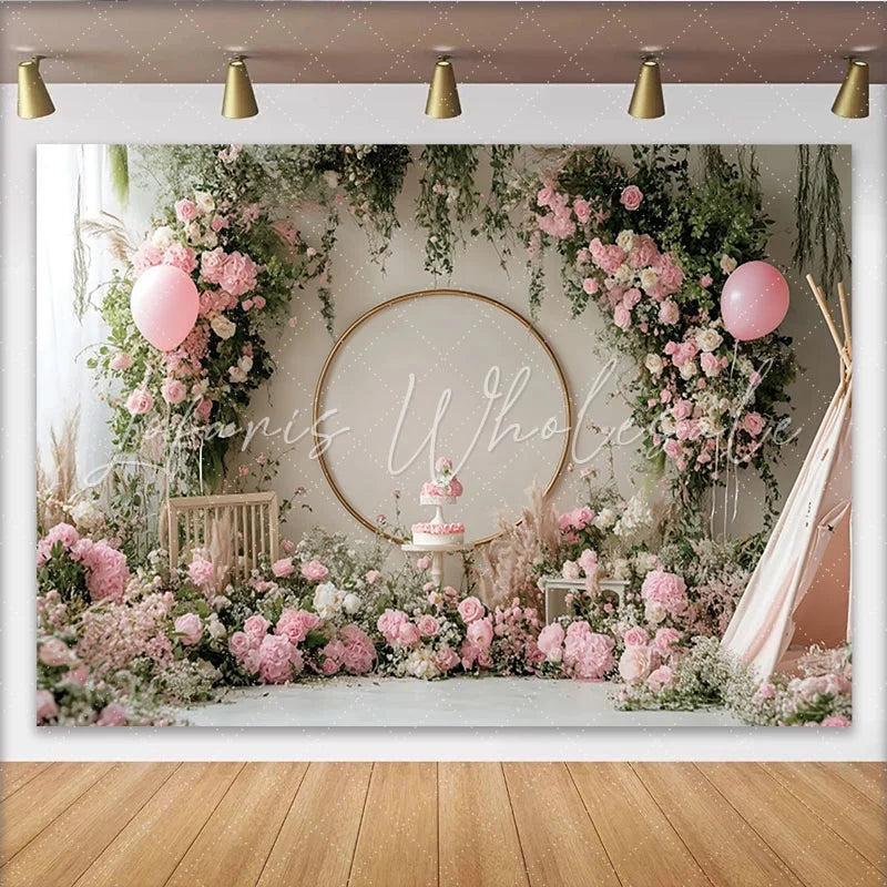 Lofaris Pink Floral Birthday Backdrop with Golden Arch and Balloons Elegant Photo Background for Cake Smash Party Decor