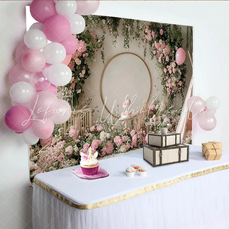 Lofaris Pink Floral Birthday Backdrop with Golden Arch and Balloons Elegant Photo Background for Cake Smash Party Decor