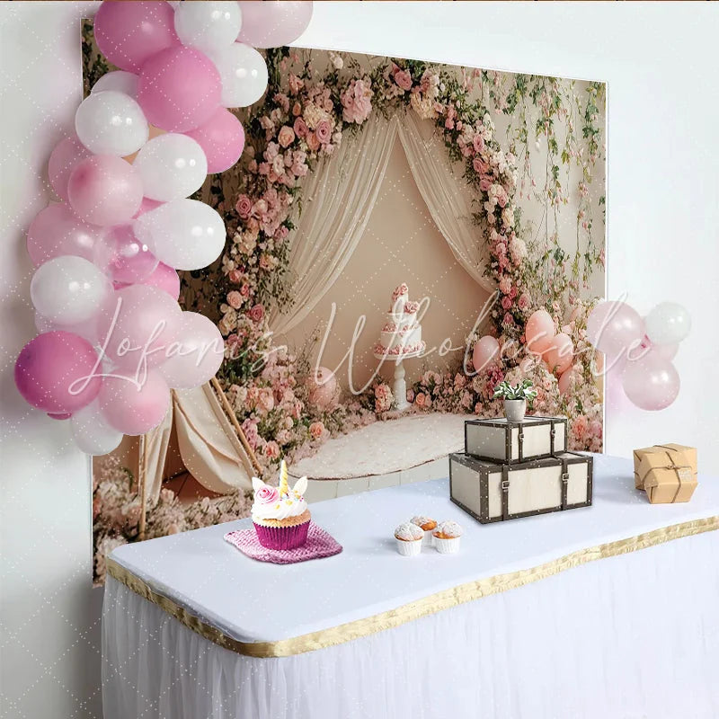 Lofaris Pink Floral Birthday Backdrop with Teepee and Balloons Elegant Cake Smash Photography Background for Girls Party