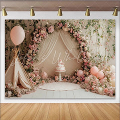 Lofaris Pink Floral Birthday Backdrop with Teepee and Balloons Elegant Cake Smash Photography Background for Girls Party