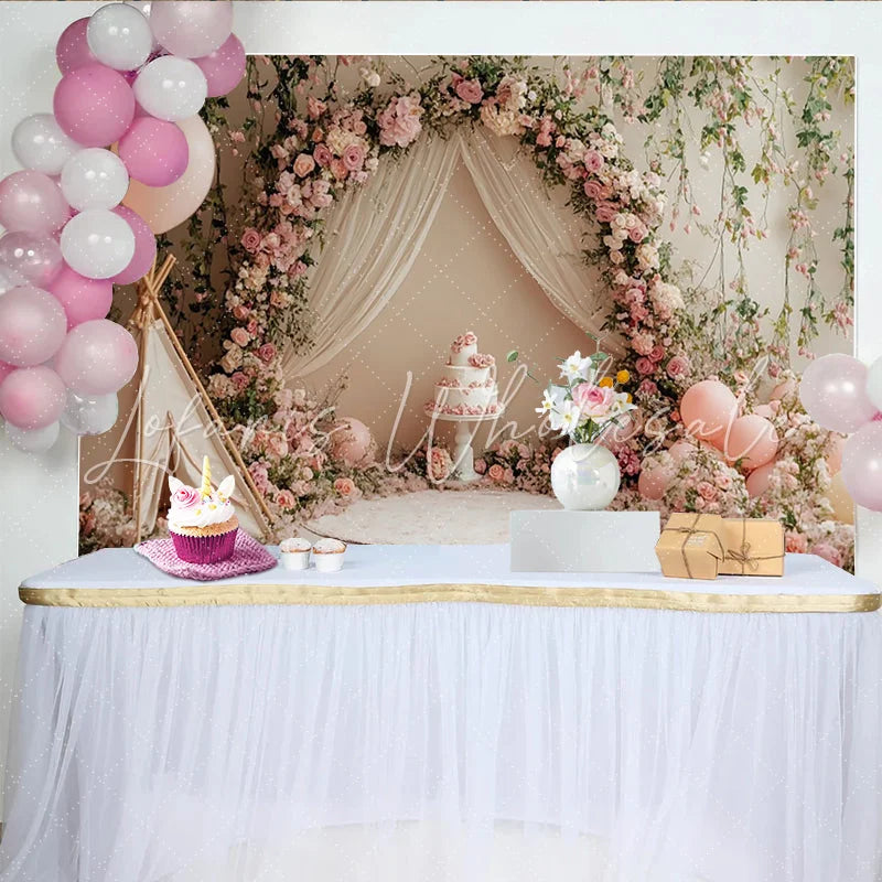 Lofaris Pink Floral Birthday Backdrop with Teepee and Balloons Elegant Cake Smash Photography Background for Girls Party