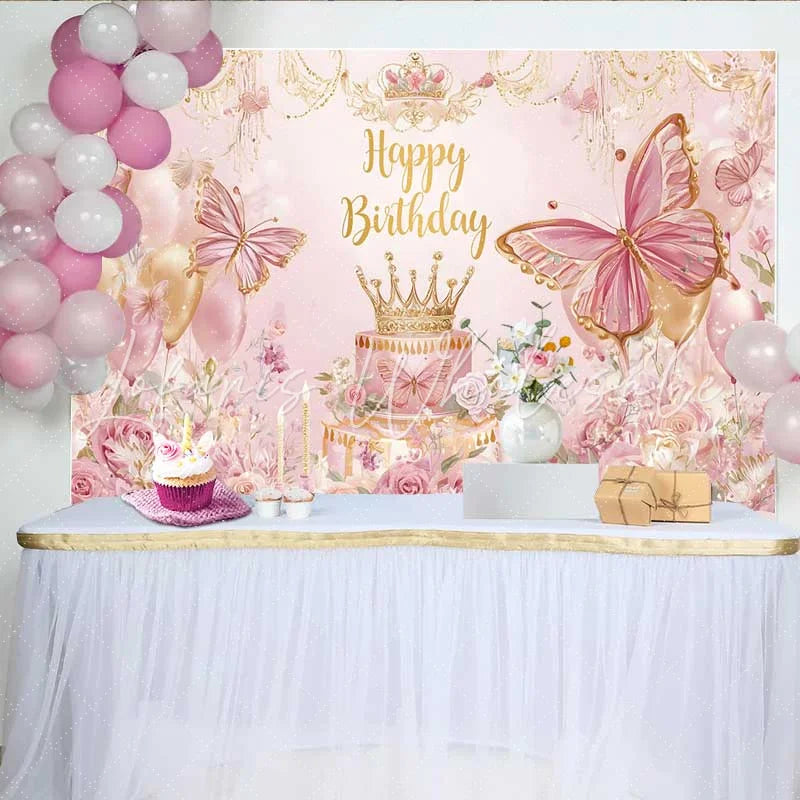 Lofaris Pink Floral Butterfly Birthday Backdrop Princess Crown Cake Table Banner Girl Bday Party Decoration