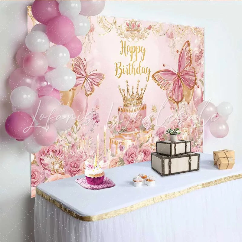 Lofaris Pink Floral Butterfly Birthday Backdrop Princess Crown Cake Table Banner Girl Bday Party Decoration