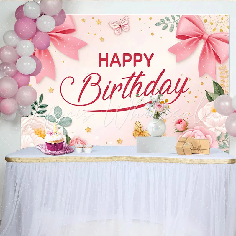 Lofaris Pink Floral Butterfly Birthday Backdrop with Elegant Bows and Stars Beautiful Party Background for Girls Photoshoot