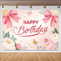 Lofaris Pink Floral Butterfly Birthday Backdrop with Elegant Bows and Stars Beautiful Party Background for Girls Photoshoot