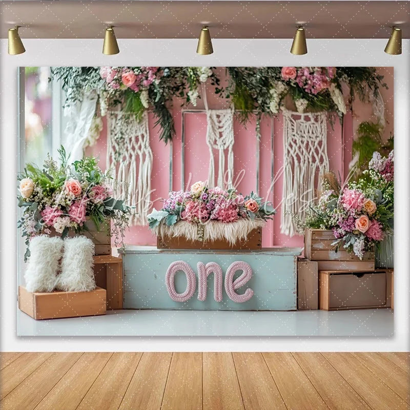 Lofaris Pink Floral First Birthday Backdrop with Macrame and Wooden Crates Boho Style Photography Background for Cake Smash