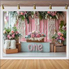 Lofaris Pink Floral First Birthday Backdrop with Macrame and Wooden Crates Boho Style Photography Background for Cake Smash