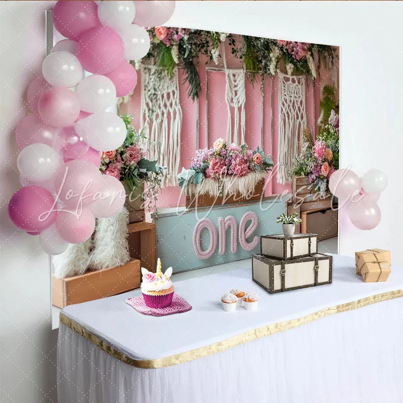 Lofaris Pink Floral First Birthday Backdrop with Macrame and Wooden Crates Boho Style Photography Background for Cake Smash